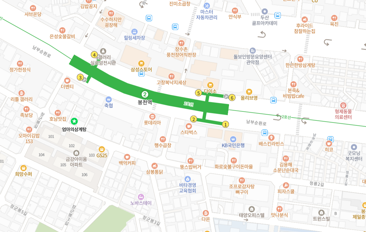 네이버 지도에 표시된 봉천역과 천샘PT 주변 위치